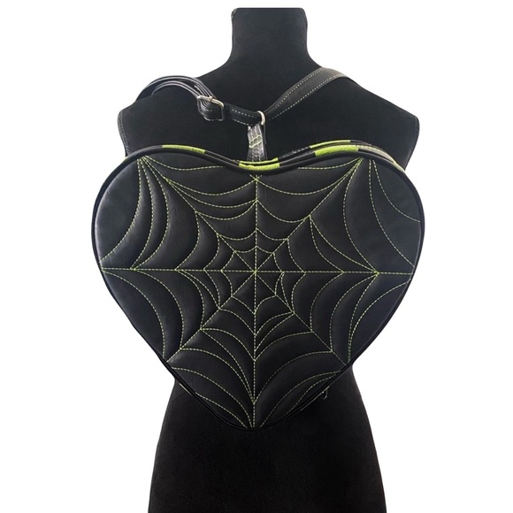 Love Pain and Stitches | Lime Green Pumpkin Kult Heart Spider Web Backpack - Picture 2 of 9